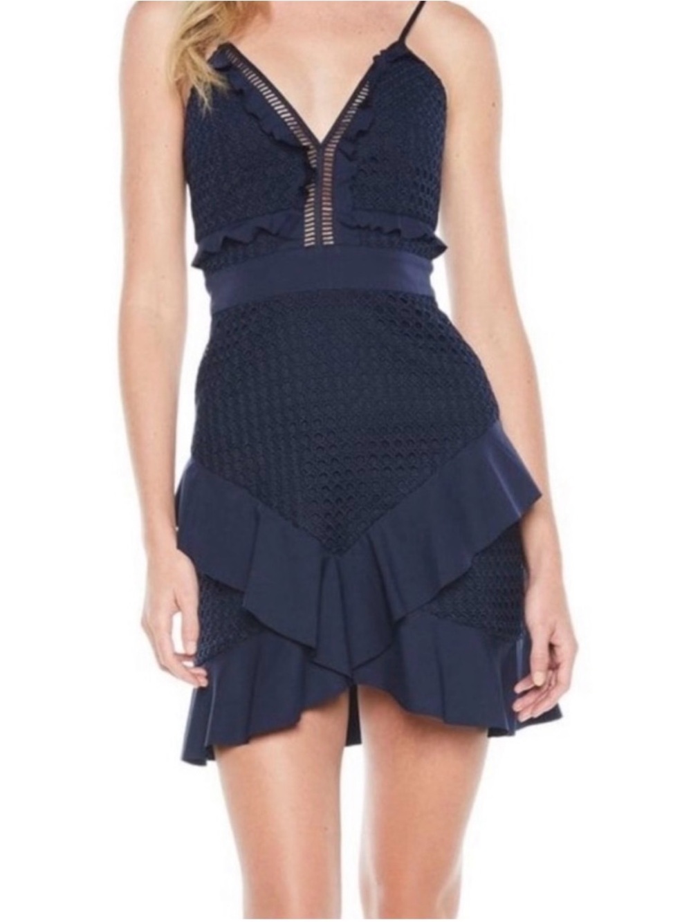 Bardot Navy Crochet Ruffle Mini Dress